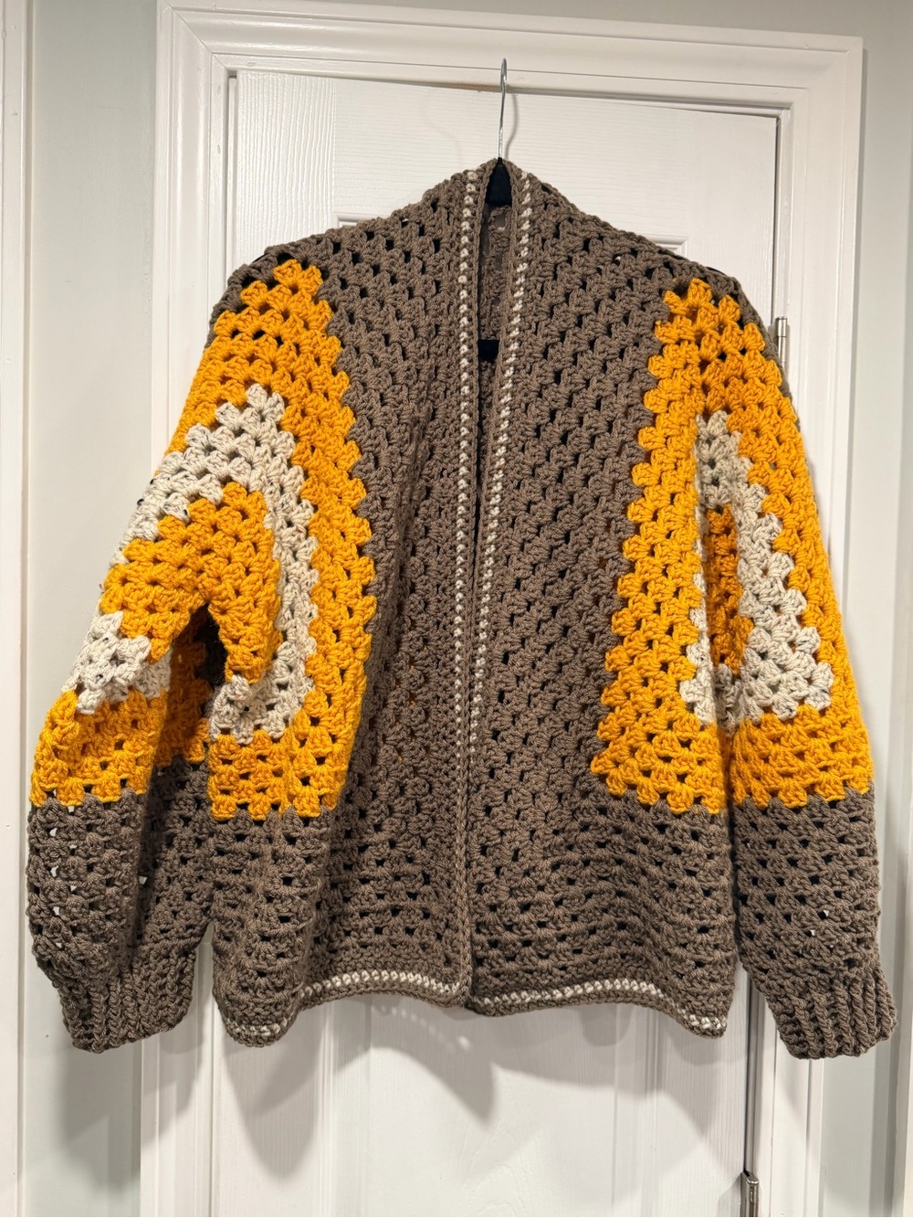 Handmade Crochet Granny Square One Size Cozy Cardigan Boho Chunky Knit Sweater